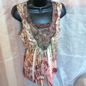 One World floral tank top, rhinestones and lace, NWOT Size M